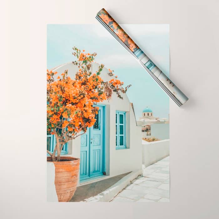 Greece Airbnb, Greece Photography Travel Digital Art, Scenic Landscape Architecture, White Building Wrapping Paper