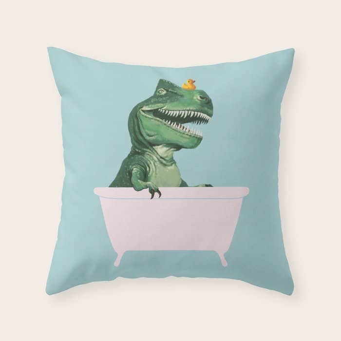 Playful T-Rex In Bathtub In Green Throw Pillow