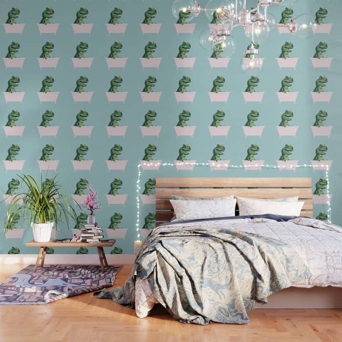 Playful T-Rex In Bathtub In Green Wallpaper