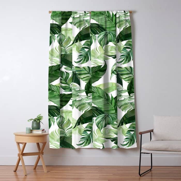 Green Leaf Watercolor Pattern Window Curtain