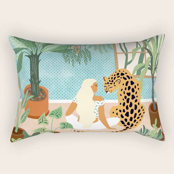 Urban Jungle Illustration, Tiger Home Decor, Woman & Modern Bohemian Wildlife Painting Rectangular Pillow