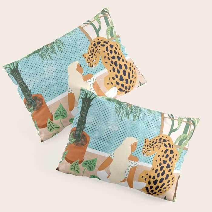 Urban Jungle Illustration, Tiger Home Decor, Woman & Modern Bohemian Wildlife Painting Pillow Sham