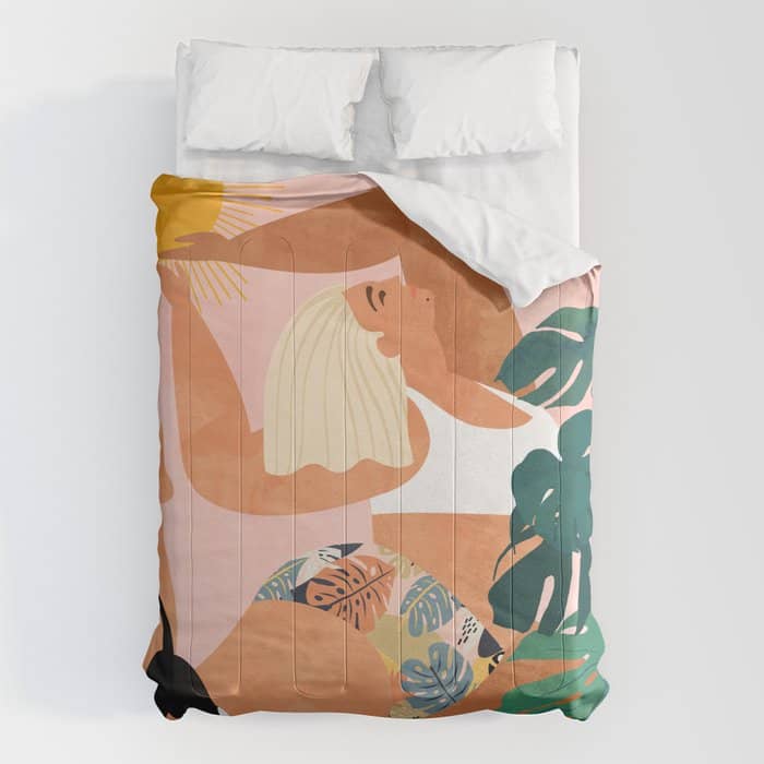 Tropical Yoga, Bohemian Woman Cat Pet Monstera Watercolor Painting, Blonde Quirky Illustration Comforter