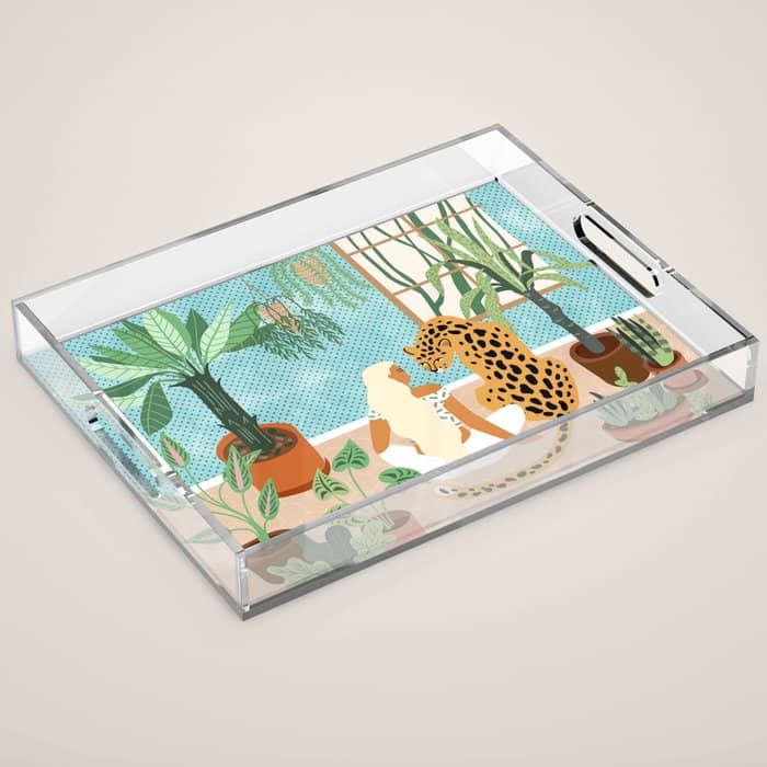 Urban Jungle Illustration, Tiger Home Decor, Woman & Modern Bohemian Wildlife Painting Acrylic Tray