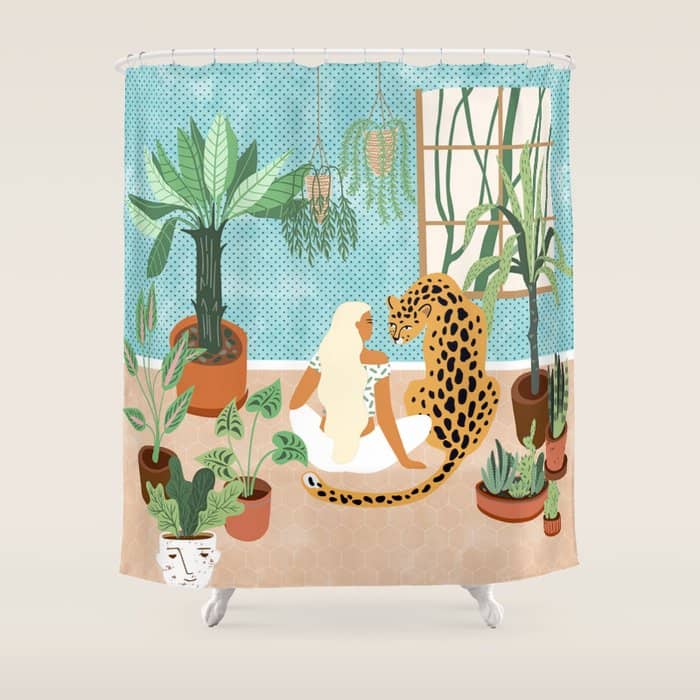Urban Jungle Illustration, Tiger Home Decor, Woman & Modern Bohemian Wildlife Painting Shower Curtain