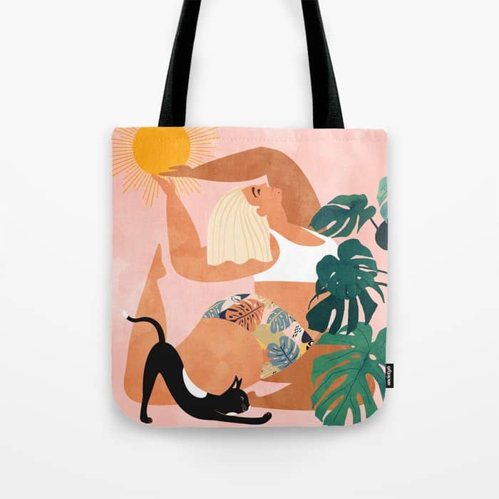 Tropical Yoga, Bohemian Woman Cat Pet Monstera Watercolor Painting, Blonde Quirky Illustration Tote Bag