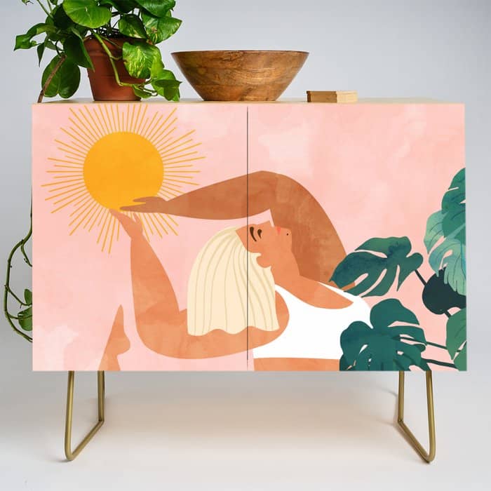Tropical Yoga, Bohemian Woman Cat Pet Monstera Watercolor Painting, Blonde Quirky Illustration Credenza
