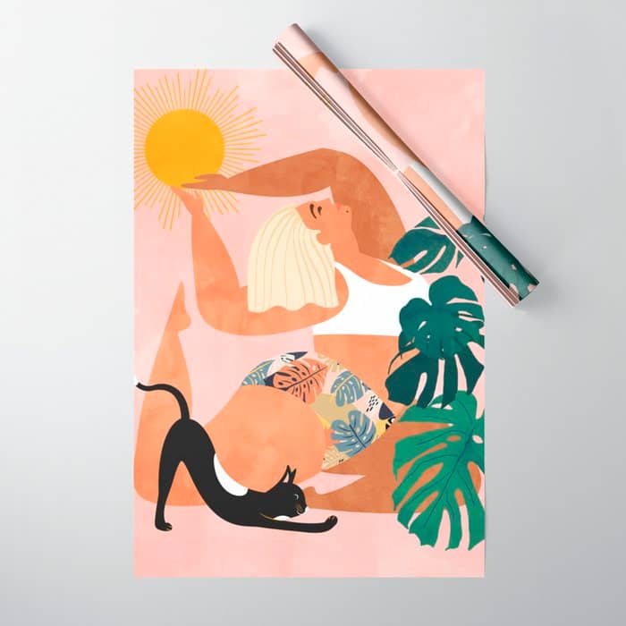 Tropical Yoga, Bohemian Woman Cat Pet Monstera Watercolor Painting, Blonde Quirky Illustration Wrapping Paper