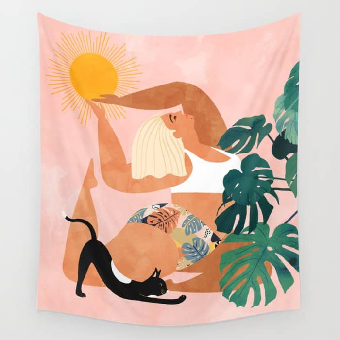Tropical Yoga, Bohemian Woman Cat Pet Monstera Watercolor Painting, Blonde Quirky Illustration Wall Tapestry