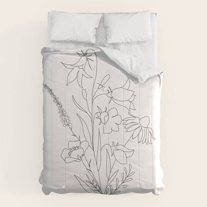 Small Wildflowers Minimalist Line Art Comforter
