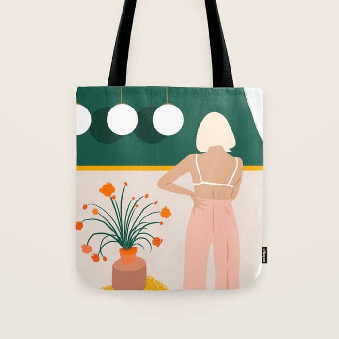 Texting, Millennial Woman Young Bohemian High Fashion Love Pastel Home Decor Blush Tote Bag