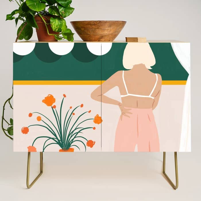 Texting, Millennial Woman Young Bohemian High Fashion Love Pastel Home Decor Blush Credenza