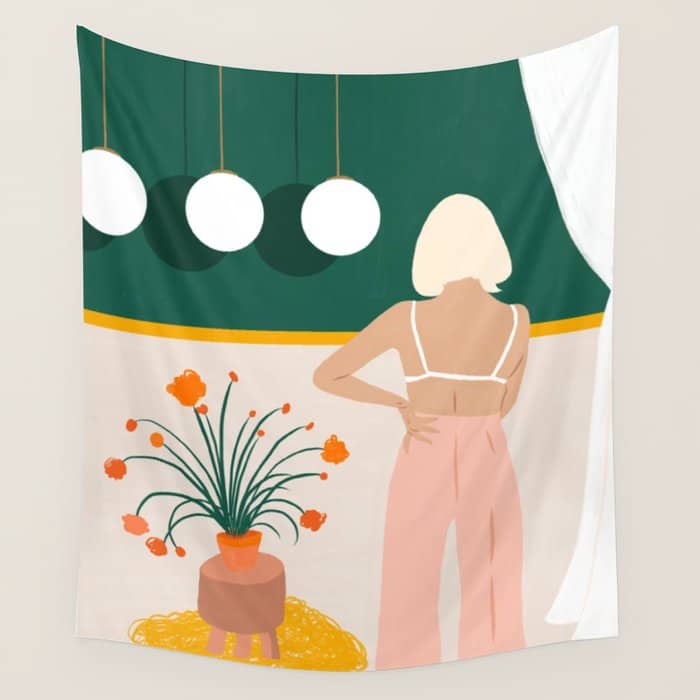 Texting, Millennial Woman Young Bohemian High Fashion Love Pastel Home Decor Blush Wall Tapestry
