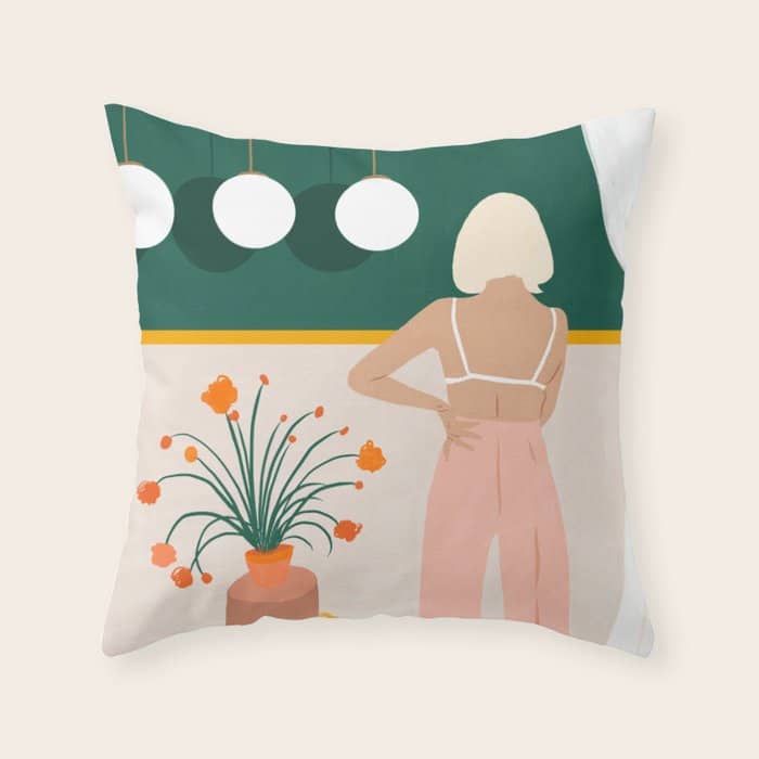 Texting, Millennial Woman Young Bohemian High Fashion Love Pastel Home Decor Blush Throw Pillow
