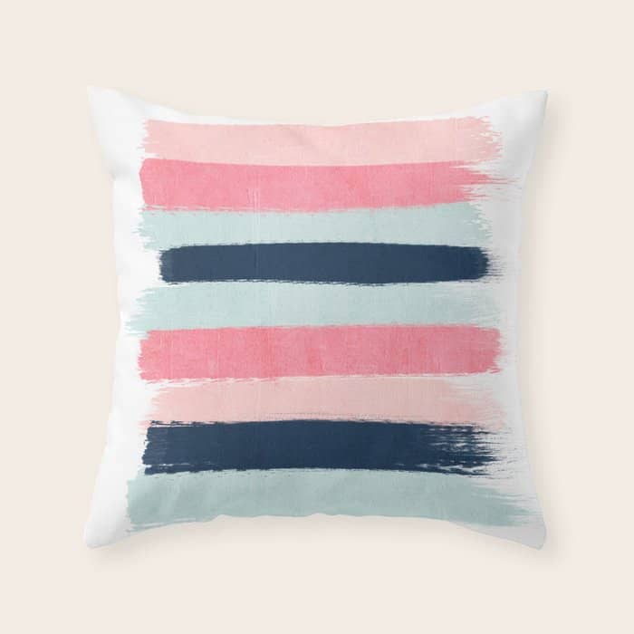 Striped Painted Coral Mint Navy Pink Pattern Stripes Minimalist Throw Pillow