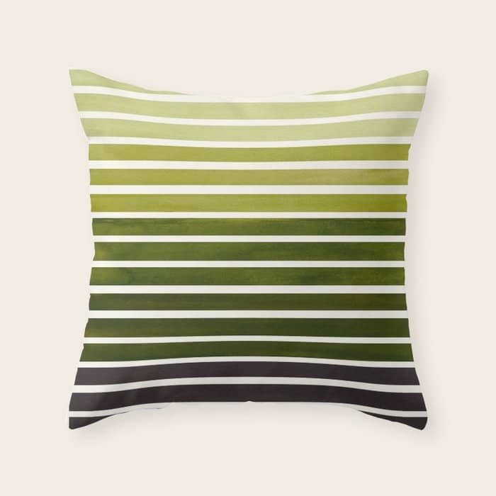 Watercolor Gouache Mid Century Modern Minimalist Colorful Olive Green Stripes Throw Pillow