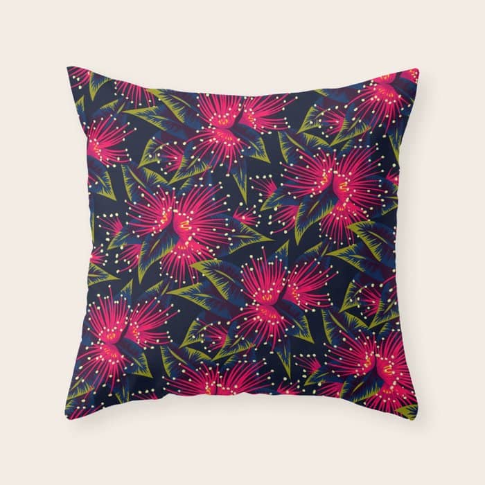 New Zealand Rata Floral Print (Night) Throw Pillow