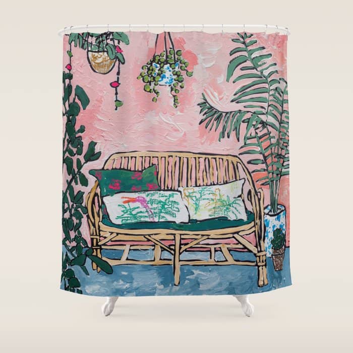 Rattan Bench In Painterly Pink Jungle Room Shower Curtain