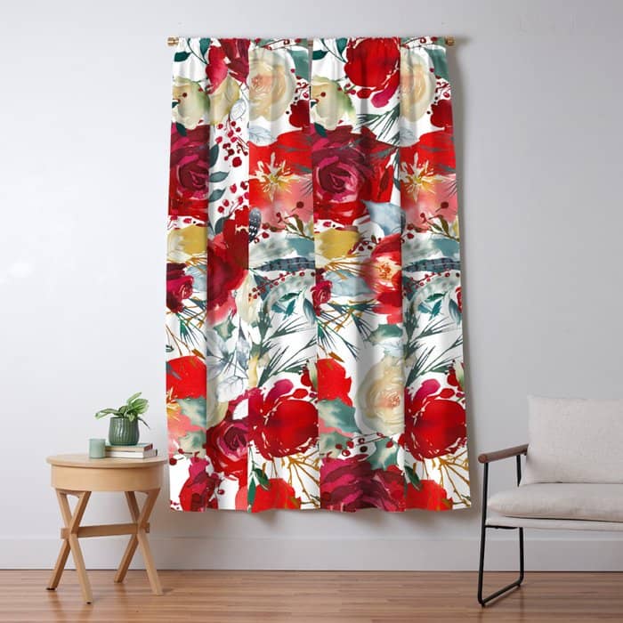 Red Teal Hand Painted Boho Watercolor Roses Floral Window Curtain