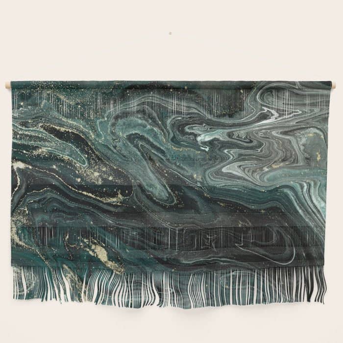 Abstract Pour Painting Liquid Marble Abstract Dark Green Painting Gold Accent Agate Stone Layers Wall Hanging