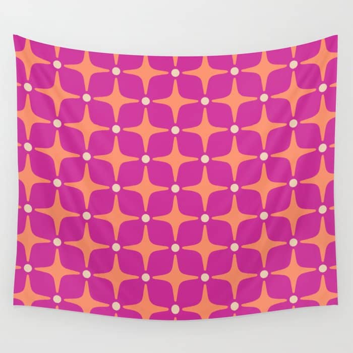 Mid Century Modern Star Pattern 143 Magenta And Orange Wall Tapestry