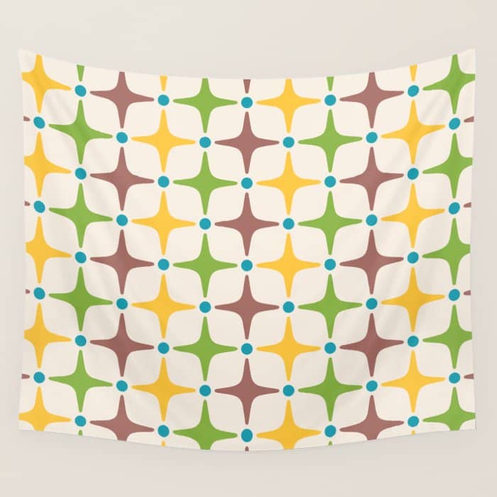 Mid Century Modern Star Pattern 214 Brown Yellow Turquoise Chartreuse Wall Tapestry