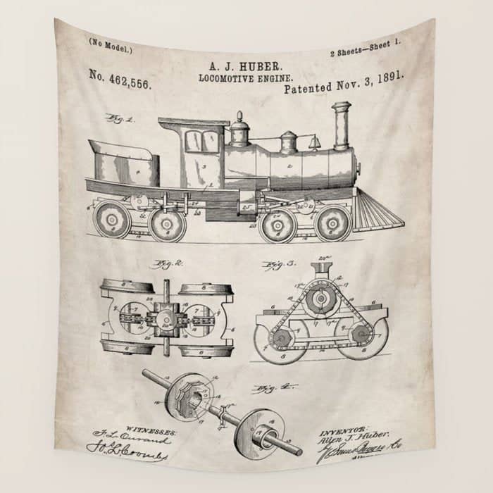 Train Locomotive Patent - Steam Train Art - Antique Wall Tapestry