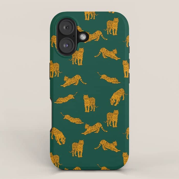 Animal Print - Tigers On Dark Olive Green Retro Texture Iphone Case
