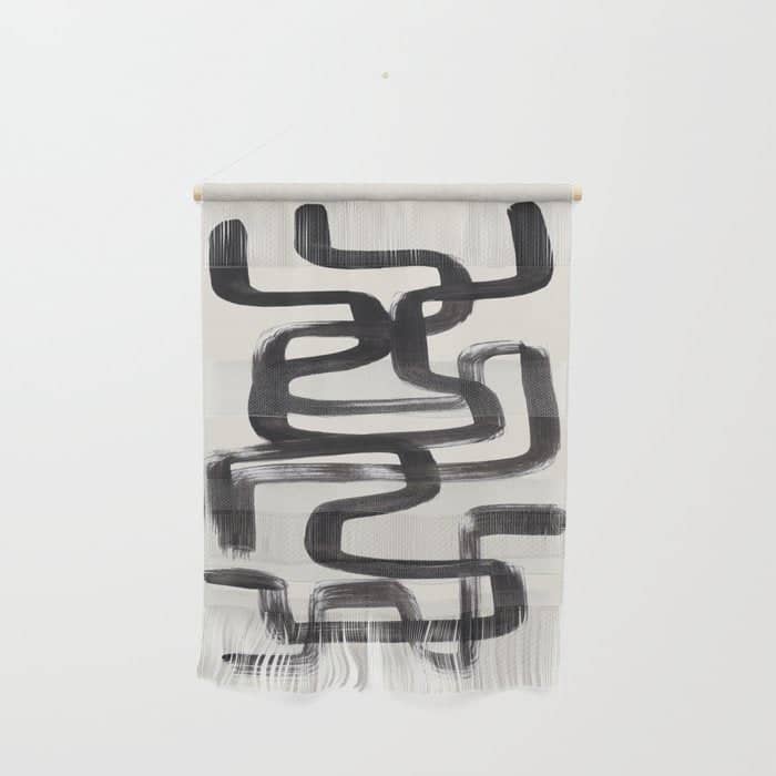Mid Century Modern Minimalist Abstract Art Brush Strokes Black & White Ink Art Pipe Maze Wall Hanging