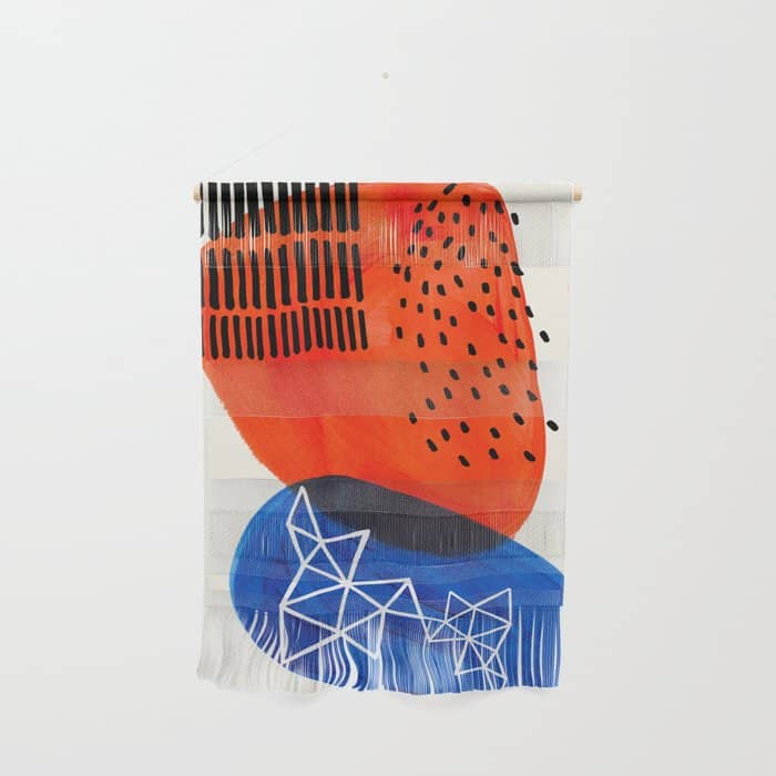 Mid Century Modern Abstract Minimalist Fun Colorful Shapes Patterns Orange Blue Bubbles Organic Wall Hanging