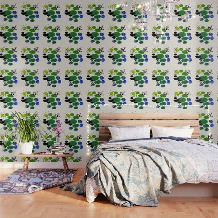 Fun Abstract Minimalist Mid Century Modern Colorful Shapes Lime Green Blue Watercolor Bubbles Wallpaper