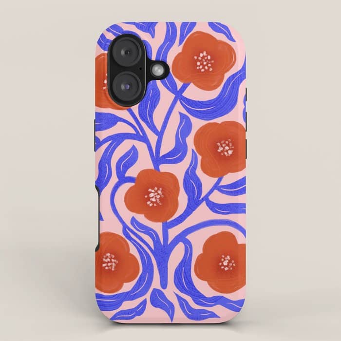 Bold Red Flowers And Blue Leaves Iphone Case