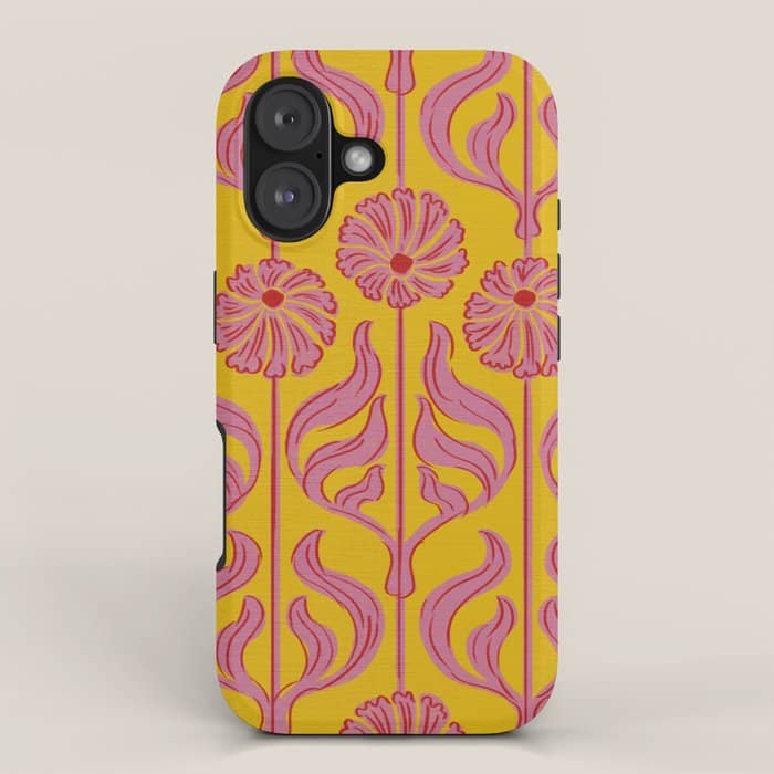 Art Deco Chic: Pink Flowers On Mustard Yellow Iphone Case