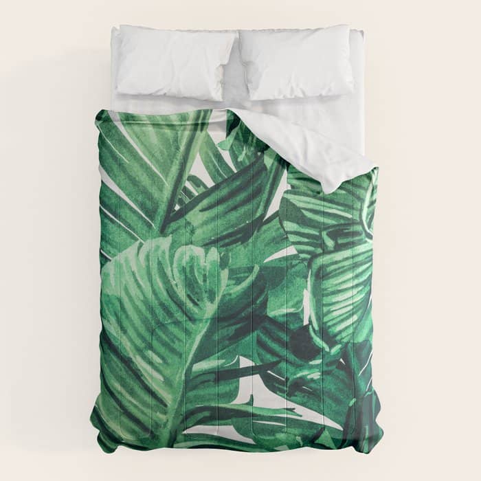 Tropical State Of Mind | Watercolor Palm Banana Leaves Painting | Botanical Jungle Bohemian Plants Comforter