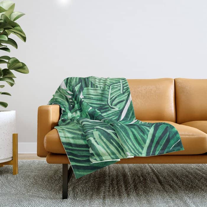 Tropical State Of Mind | Watercolor Palm Banana Leaves Painting | Botanical Jungle Bohemian Plants Throw Blanket