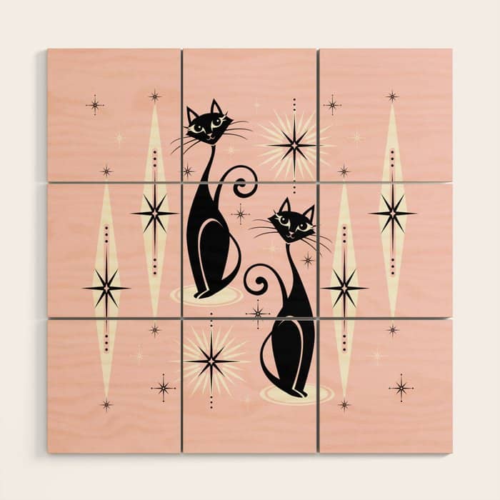 Mid Century Meow Retro Atomic Cats ©Studioxtine Wood Wall Art