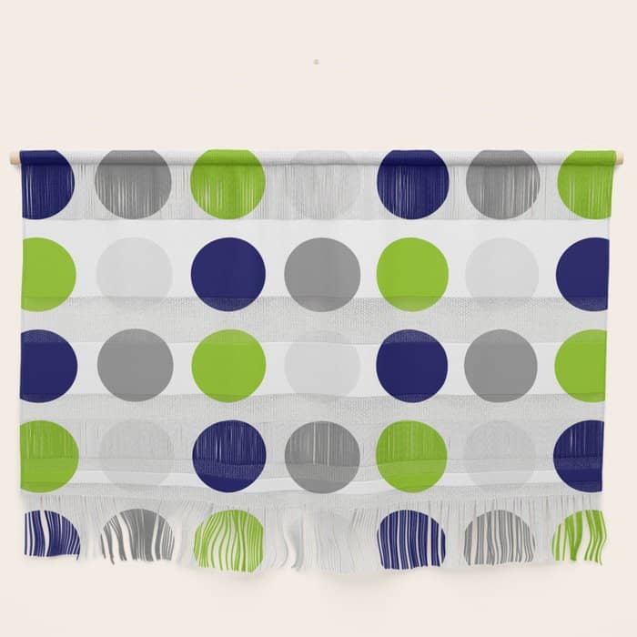 Lime Green, Bright Navy Blue, And Gray Multi Dots Minimalist Pattern On White Wall Hanging