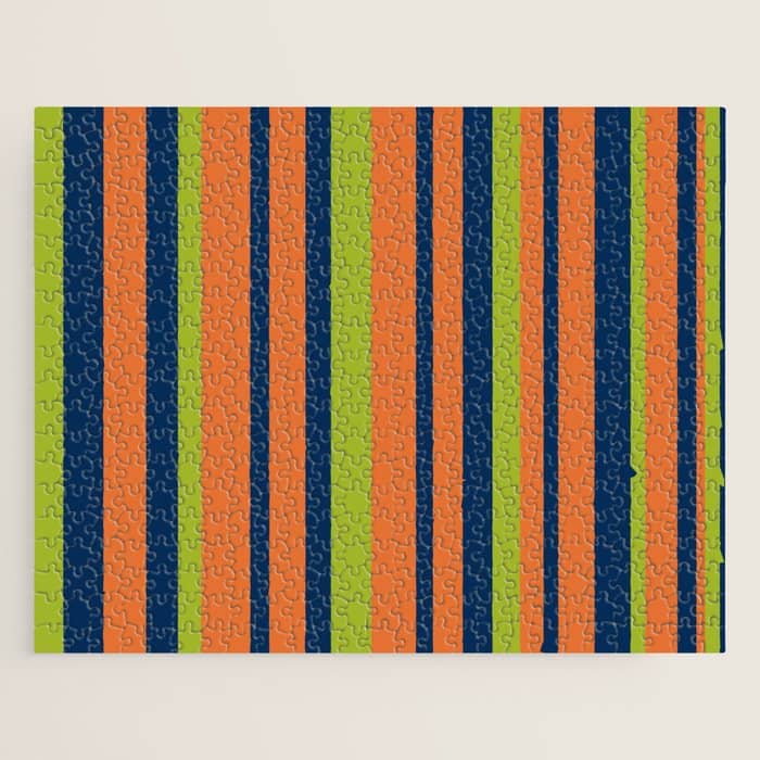 Vertical Retro Stripes In Navy Blue, Orange, And Lime Green Pattern Jigsaw Puzzle