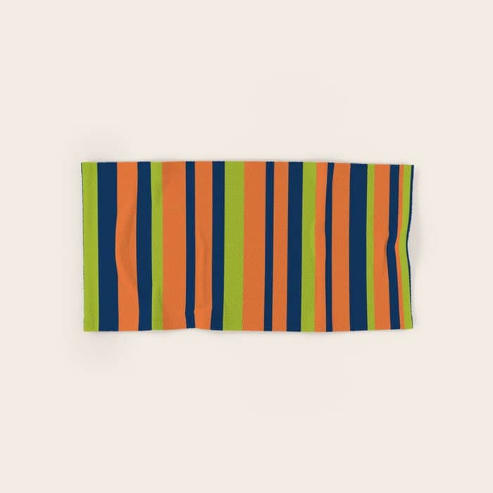 Vertical Retro Stripes In Navy Blue, Orange, And Lime Green Pattern Bath Towel