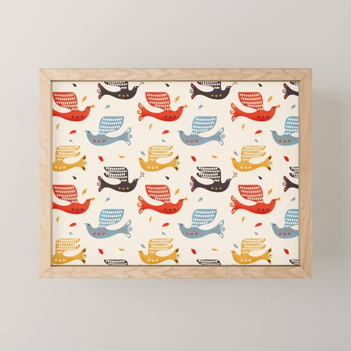 Festive Birds Retro Pattern Mini Art Print