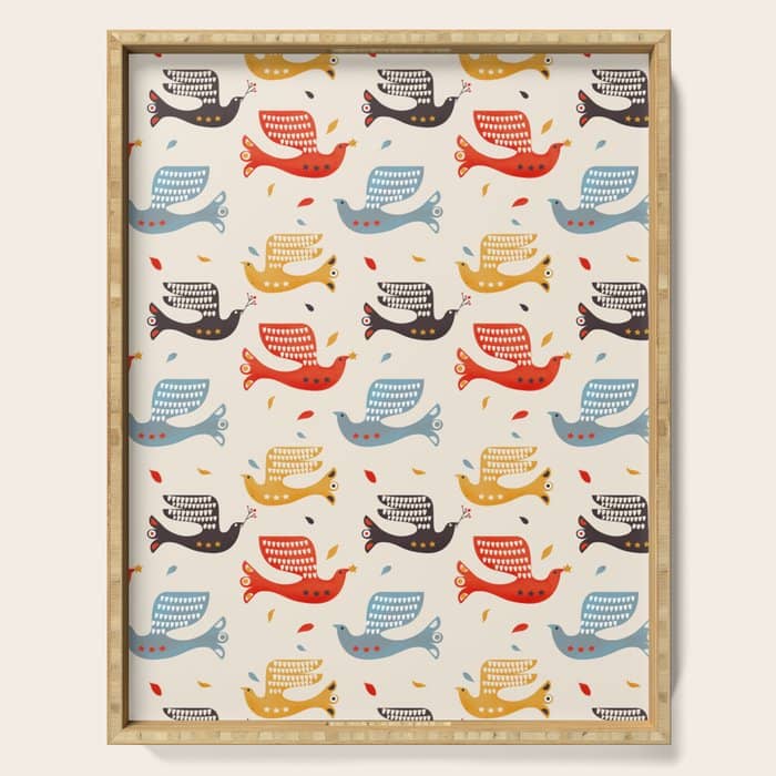 Festive Birds Retro Pattern Serving Tray
