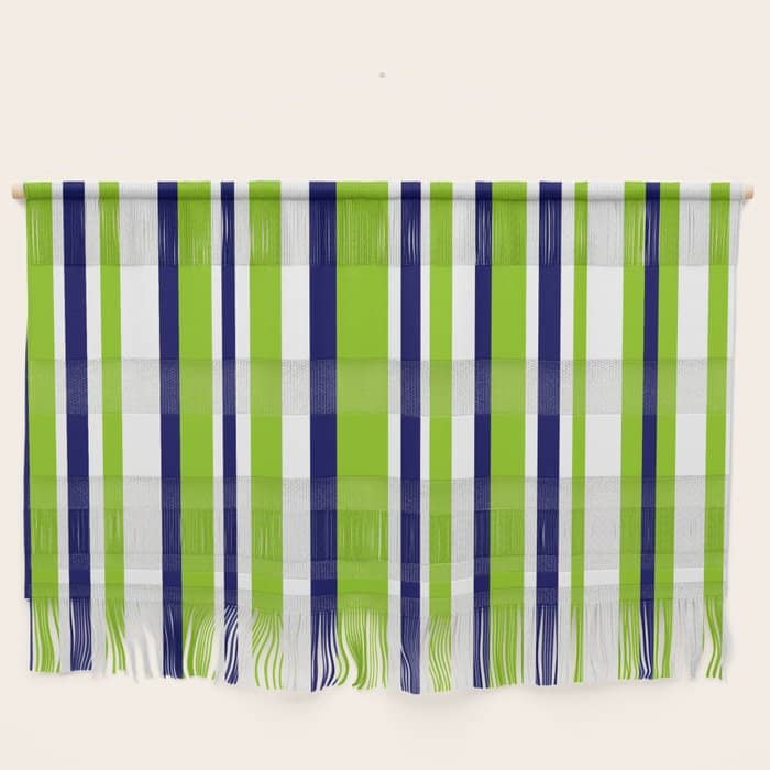 Lime Green Bright Navy Blue And White Vertical Stripes Pattern Wall Hanging