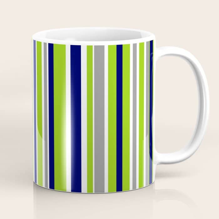 Lime Green Bright Navy Blue Gray And White Vertical Stripes Pattern Coffee Mug