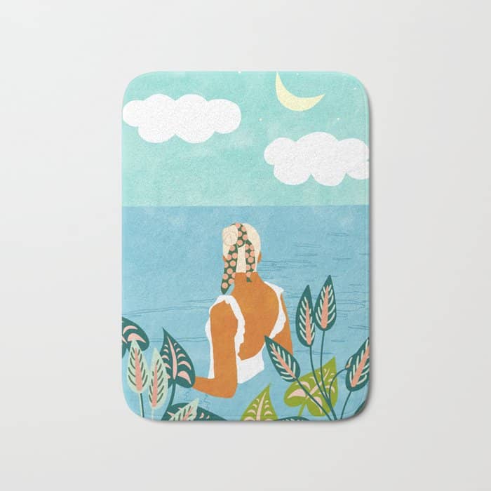 The Pursuit Of Happiness, Woman Ocean Travel Swim Illustration, Bohemian Fashion Tropical Bath Mat