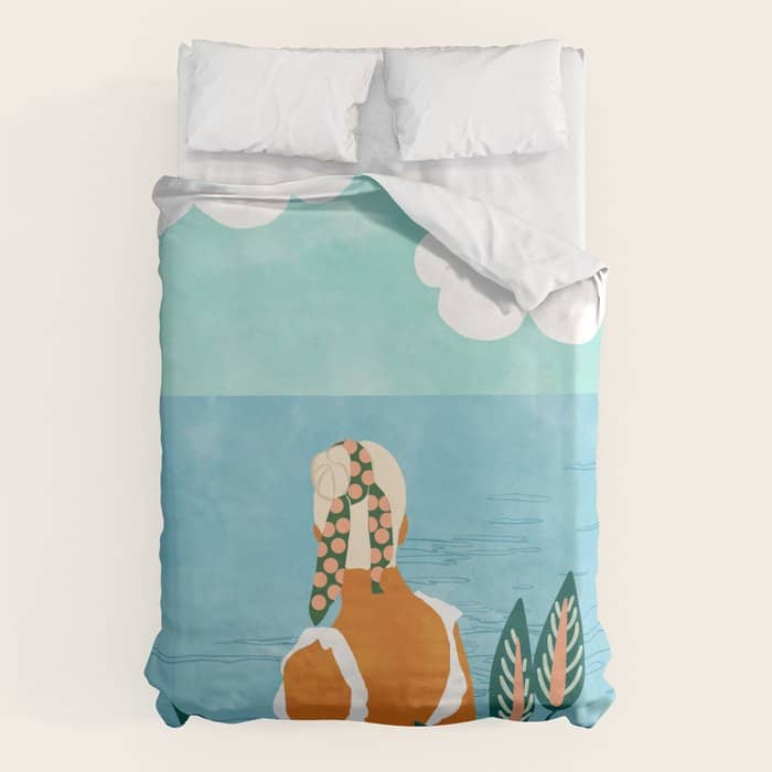 The Pursuit Of Happiness, Woman Ocean Travel Swim Illustration, Bohemian Fashion Tropical Duvet Cover