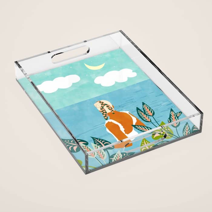 The Pursuit Of Happiness, Woman Ocean Travel Swim Illustration, Bohemian Fashion Tropical Acrylic Tray