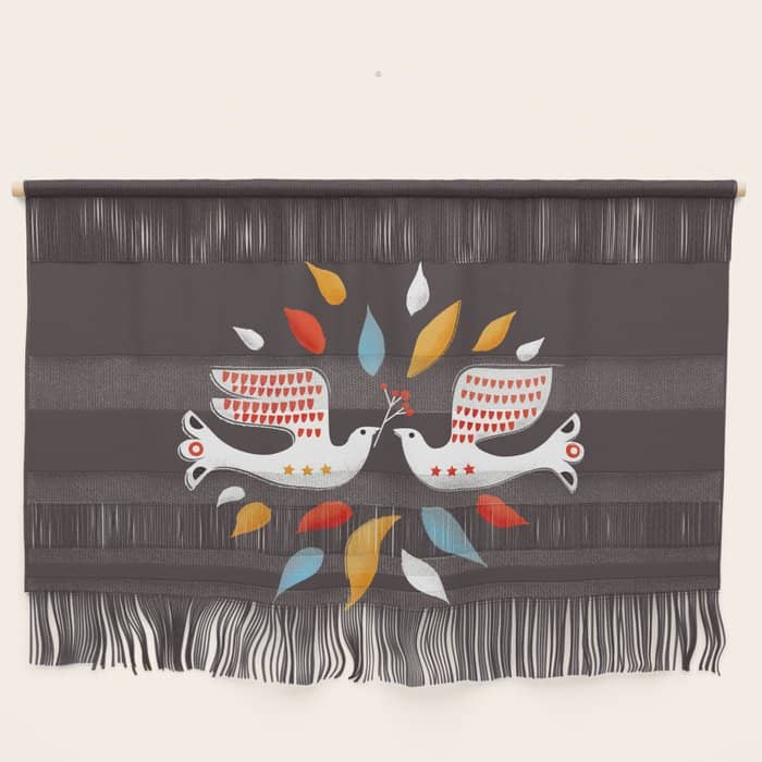 Retro Christmas Birds Illustration Wall Hanging