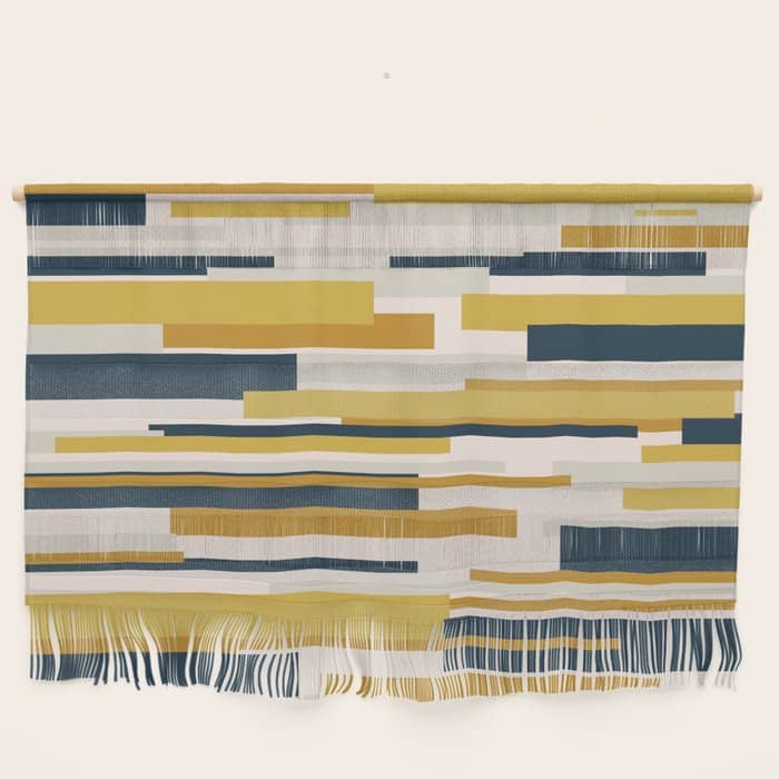 Wright Mid-Century Modern Abstract In Mustard Yellow, Navy Blue, Pale Blush Wall Hanging
