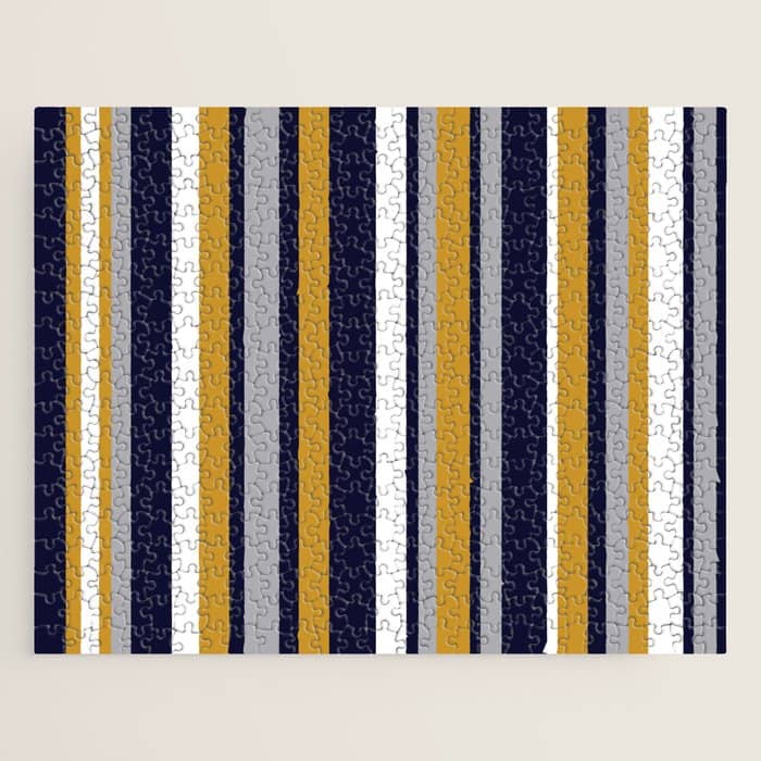 Modern Stripes In Mustard Yellow, Navy Blue, Gray, And White. Minimalist Color Block Jigsaw Puzzle