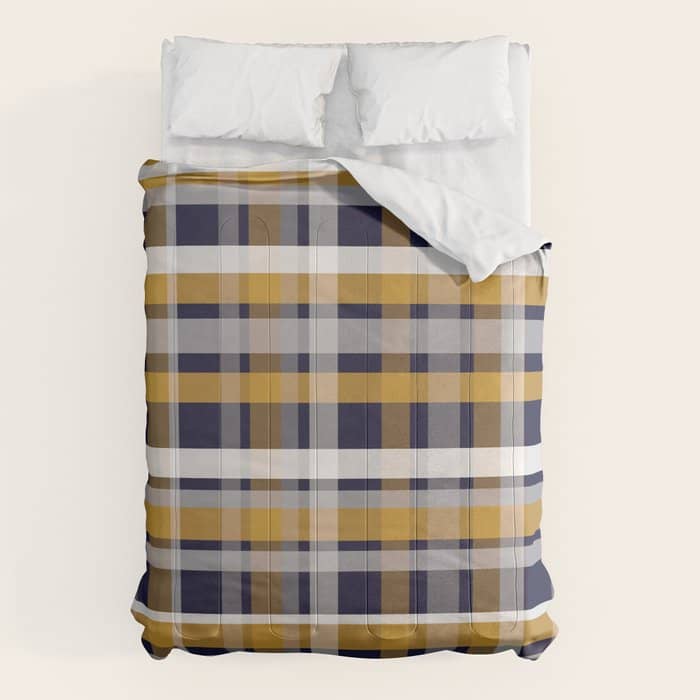 Modern Retro Plaid In Mustard Yellow, White, Navy Blue, And Grey Comforter
